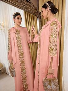 Al Najma 奢华白色高端晚礼服，阿拉伯风格女装 - 粉色 - 查看 1