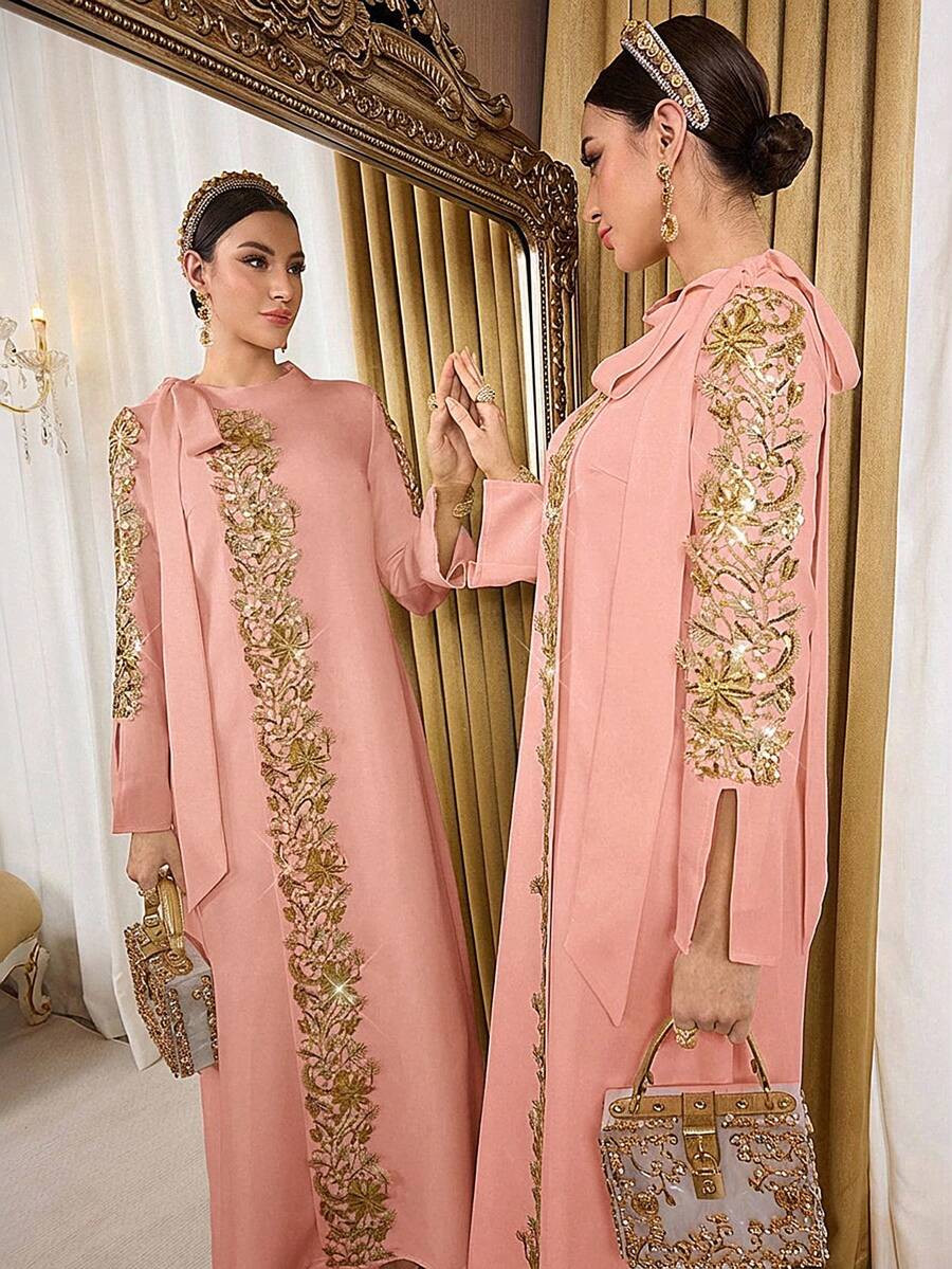 Al Najma 奢华白色高端晚礼服，阿拉伯风格女装 - 粉色 - 查看 1