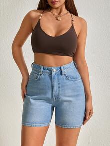 Quần short denim nữ cạp cao, 100% cotton - Rửa nhẹ - Xem 2