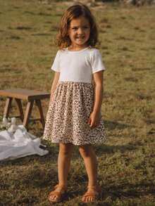 Emery Rose Kids Emery Rose Kids Vestido casual de niña con parches de punto de unicolor y dobladillo floral - Albaricoque - Ver 4