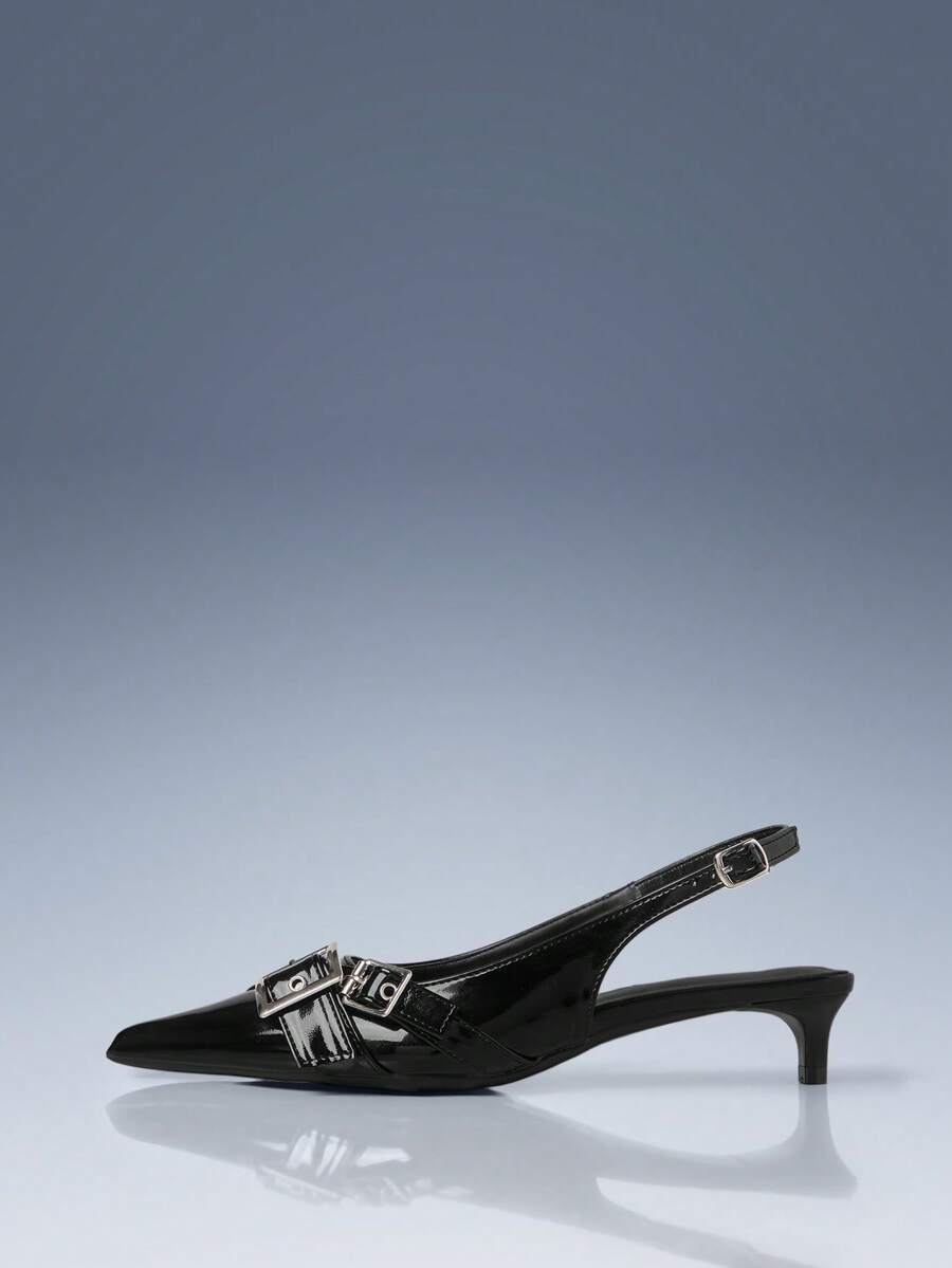 CUCCOO GRLICON Green Pointed Cross-Strap Double Buckle Kitten Heel Empty Women's Shoes - Black - View 1