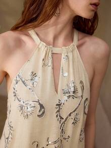 MOTF PREMIUM 女士长裙，法式度假风重工串珠亚麻吊带连衣裙 - 杏色 - 查看 5