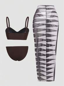 Swim Oasis Plus Size Brown Fashionable Sexy Casual Metal Decor Spaghetti Strap Bikini Set And Cover-Up Skirt Swimwear For Holiday - Brown - View 2