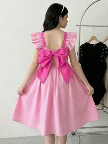 Teen Girl Elegant Round Neck Cap Sleeve Dress - Pink - View 6
