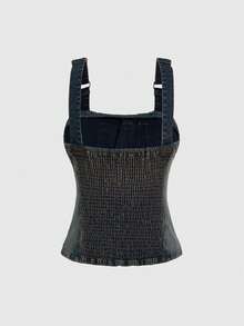 ROMWE Hippie 复古性感嬉皮风修身报纸印花做旧毛边下摆工装口袋女式牛仔背心 - 彩色 - 查看 2