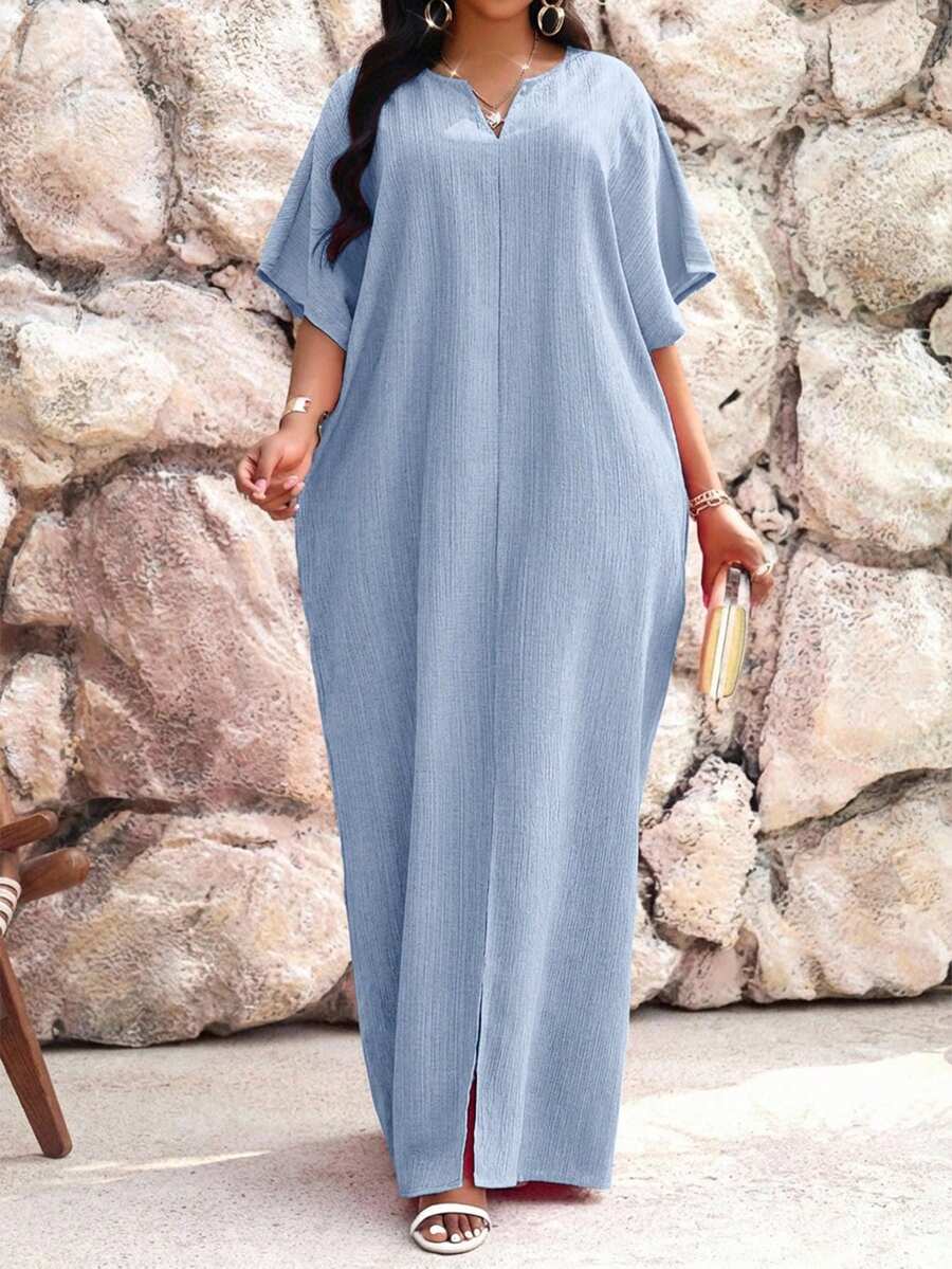 SHEIN Lady 秋冬季工作绿色缺角蝙蝠袖卡夫坦连衣裙大码连衣裙度假装女装沙滩装女装沙滩度假连衣裙婚礼宾客连衣裙女装商务休闲女装舞会礼服 - 藍色 - 查看 1