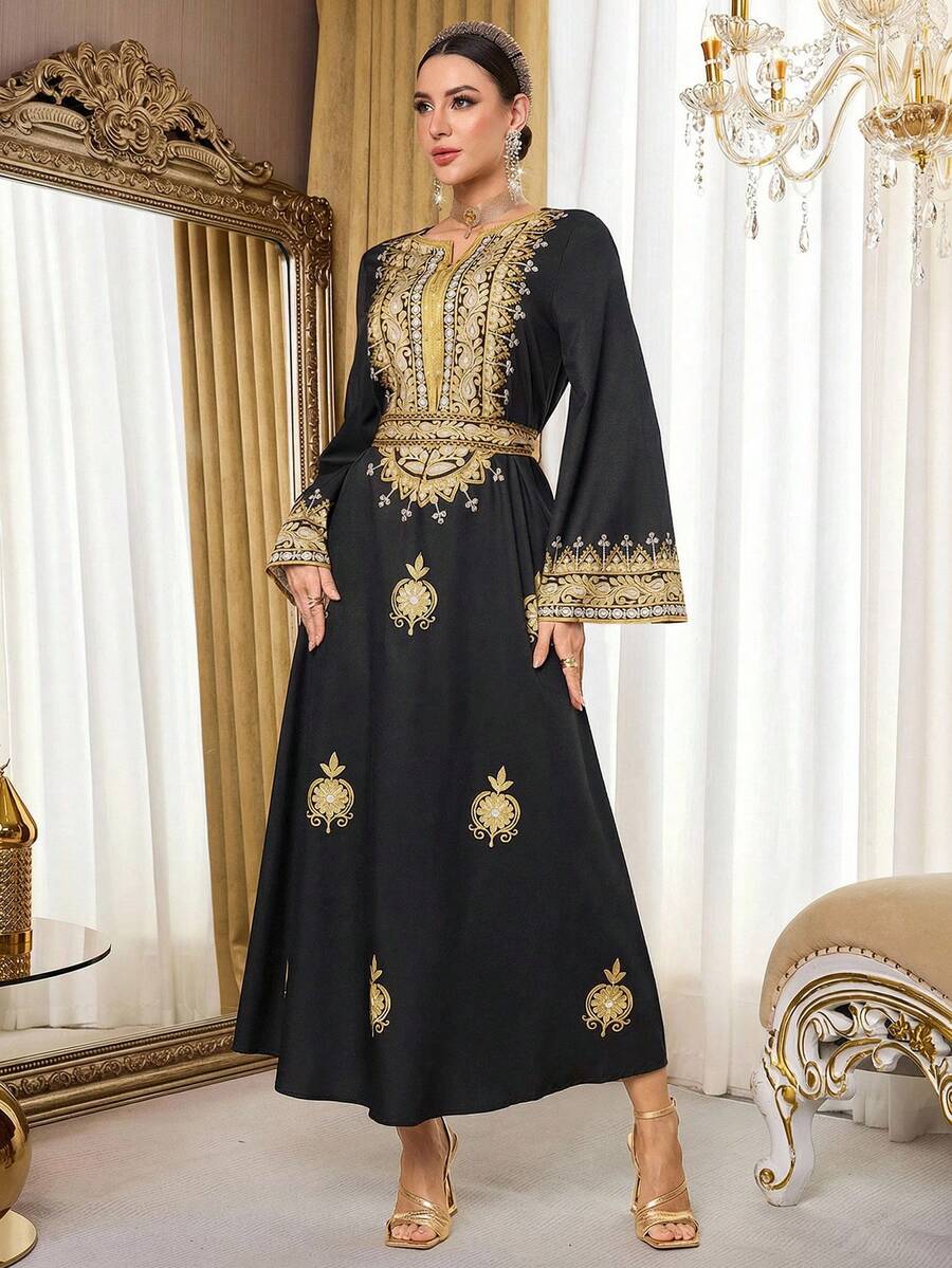 Al Najma Đầm maxi Thổ Nhĩ Kỳ dành cho nữ và áo abaya truyền thống Ả Rập. - màu đen - Xem 1