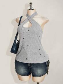 SHEIN ICON Áo tank top nữ cỡ lớn phong cách retro gợi cảm, phá cách, táo bạo, hiện đại, phong cách Y2K, cổ chéo, yếm, trang trí khoen kim loại, màu xám, chất liệu gân. - Xám - Xem 5