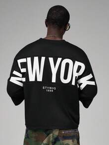 STYNVO Men's Letter Print Round Neck Casual Loose T-Shirt - Black - View 3