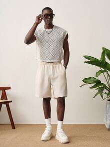STYNVO Men's Geometric Hollow Out Round Neck Loose Casual Tank Top - Beige - View 1