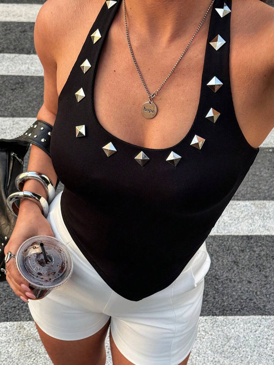 Avenya 女士深U领铆钉吊带背心 - 黑色 - 查看 1