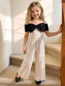 Firerie Kids Firerie Kids Girls Black And White Off The Shoulder Sleeveless Long Jumpsuit Cute Polyester Formal Outfit - Black and White - View 4