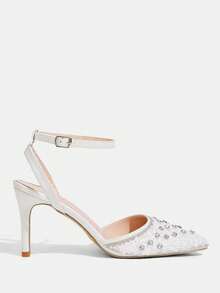 CUCCOO TILAWA Giày cao gót nữ mũi nhọn, gót mỏng, đính đá trắng, quai ngang mắt cá chân, gợi cảm, sang trọng, thích hợp cho tiệc tùng, hộp đêm, giày cao gót khoét lỗ. - trắng - Xem 2