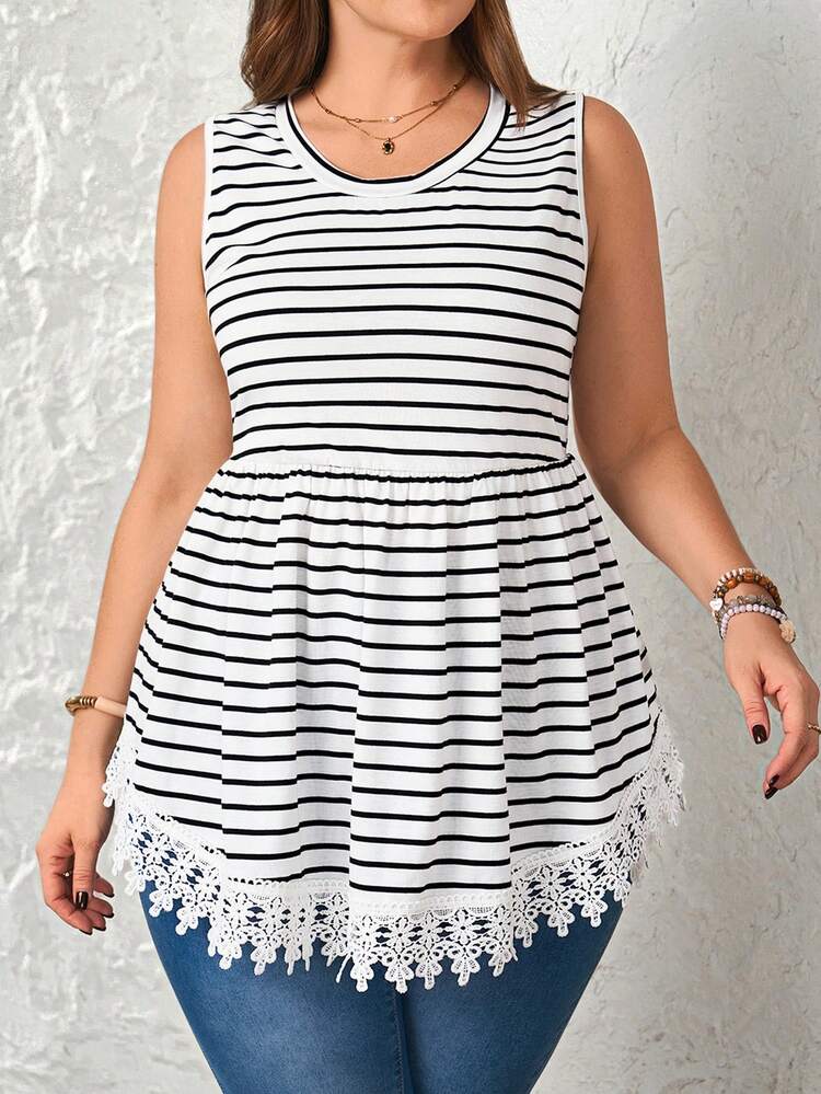 Plus Size Women's Summer Casual Vacation Country White Striped Patchwork Hem Camisole Tank Top,Summer\Vacation,Summer Holiday,Spring Break Outfits ,Vacation Outfits Women ,Holiday Outfits For Women,Going Out Outfits,2026 New Clothes,Simple And Fashionable For Everyday Wear,Suitable For Summer, Vacation, Daily Wear