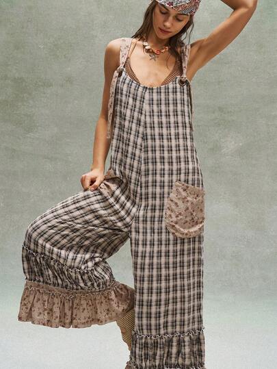 Bohemela Boho Spring/Summer Casual Woven Loose Strappy Women's Jumpsuit, Retro Casual Plaid Patchwork With Ditsy Floral, Ruffled Hem Design, Valentine's Day Outfit, Women's Vacation Outfit, Western Country–Style Music Festival Outfit, Women's Holiday Outfit, Beach Vacation Outfit, Back-To-School Outfit, Summer Women's Jumpsuit, Carnival Costume, Women's Spring & Summer Outfit