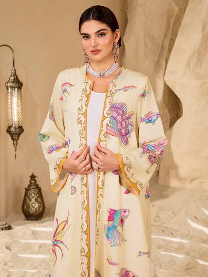 Al Najma Women's Loose Fit Fish Pattern Long Sleeve Arabic Abaya