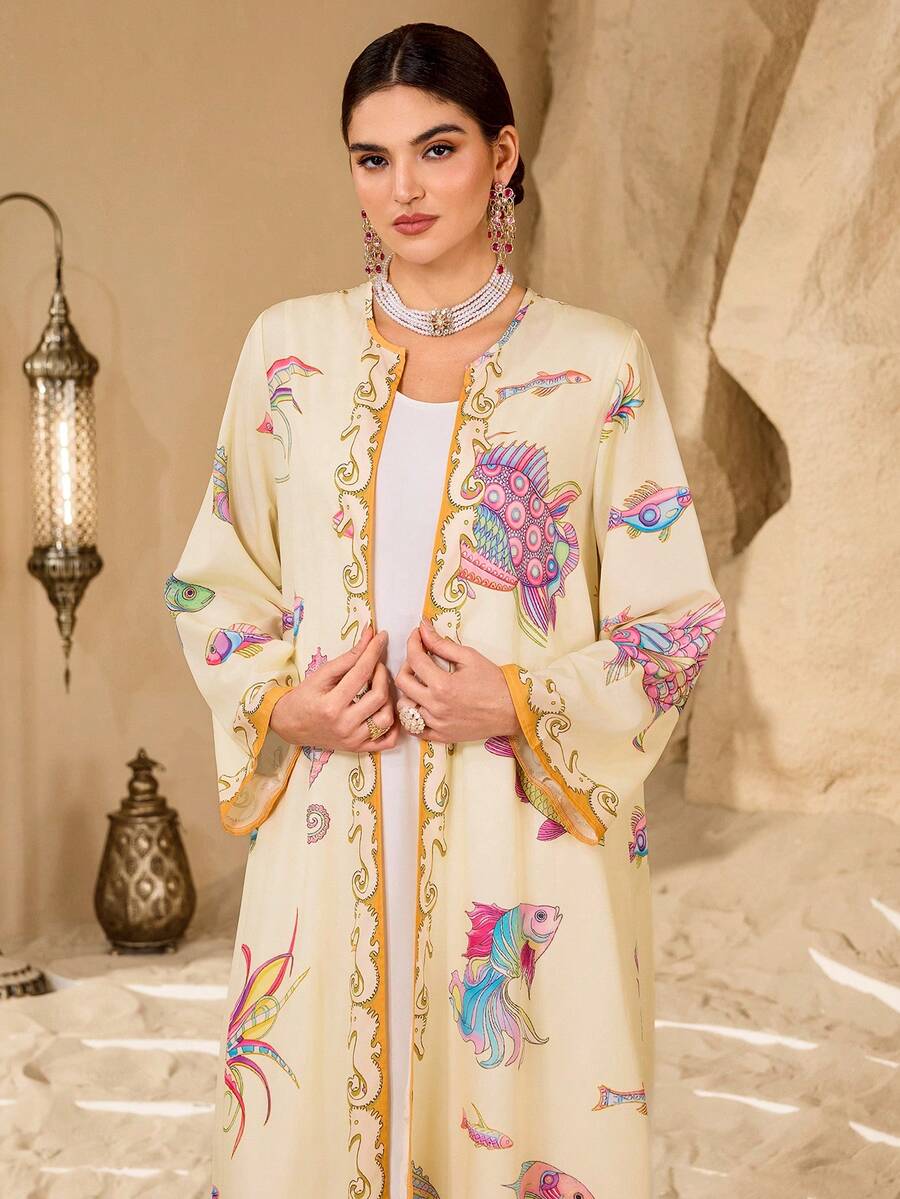 Al Najma Women's Loose Fit Fish Pattern Long Sleeve Arabic Abaya - Yellow - View 1