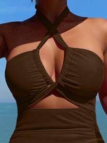 Swim Vcay Women's Sexy Solid Color Ruched Backless Halter One-Piece Swimsuit, Suitable For Beach & Holiday - Coffee Brown - View 4