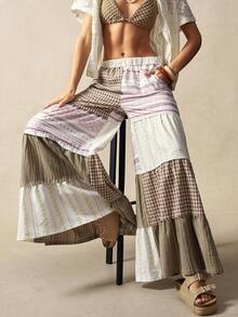 Bohemela Women's Casual Woven Patchwork Loose Wide Leg Splicing Pants Bohemian Outfits Women Summer Baggy Pants - Multicolor - View 5