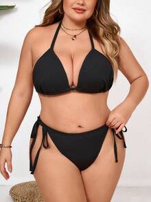 SHEIN CURVE+ Plus Size Women Black Side Drawstring Design Beach Vacation Bikini Set - Black - View 1