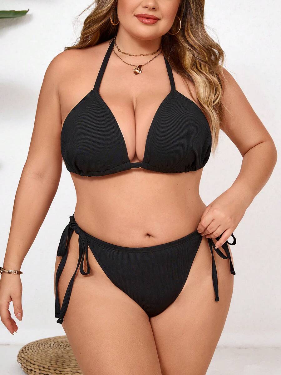 SHEIN CURVE+ Plus Size Women Black Side Drawstring Design Beach Vacation Bikini Set - Black - View 1