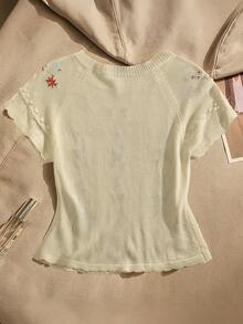 GlowEve 女士刺绣圆领插肩短袖休闲针织上衣 - 杏色 - 查看 2