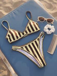 Swim Mod 2pcs/Set Women's Fashionable Cute Vacation Sexy Beach/Pool Party Striped Print Ruffled Adjustable Thick Strap Crop Top And Double Waist Tie Bikini Swimwear Set - Multicolor - View 3