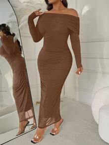 Femmeverse Asymmetrisches Schulterkleid in Große Größen, elegantes figurbetontes Cocktailkleid für reife Damen - Braun - Übersicht 3
