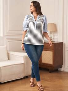 Rosumi 大码女式V领条纹拼接休闲百搭日常衬衫条纹上衣学院风上衣航海蓝白上衣夏季海滩度假外出上衣，夏季条纹衬衫 - 黑與白 - 查看 4