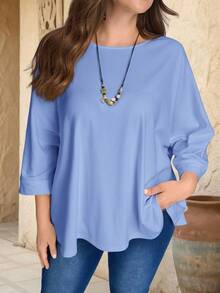 EMERY ROSE 大码女式宽松七分袖蓝色T恤，适合外出穿着，秋季女装，秋季穿搭，新款服装，休闲日常穿着，春夏度假皆宜，女士蓝色上衣，春夏度假，通勤，日常穿着 - 霧霾藍 - 查看 5