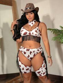 Fantasy Costume 大码性感西部牛仔风牛奶丝拼接流苏上衣+裤子+围巾三件套 - 彩色 - 查看 6