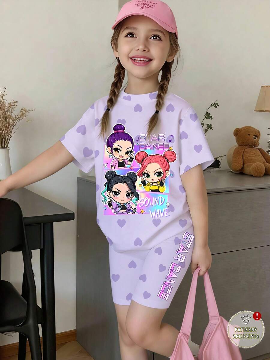 2pcs/Set Young Girls' Casual Sweet Heart Print Outfit, Short Sleeve T-Shirt And Skinny Shorts, Suitable For Girls Aged 4-7 In Spring/Summer, Featuring Girl Group Style And Heart Graphic Tee, Soft And Skin-Friendly Material - Multicolor - View 1