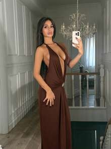 Ronhire Solid Color Knit Halter Backless Dress For Women, Sexy Christmas Outfit, Women's New Year's Eve Clothes, Thanksgiving Outfit, Elegant Party Dress, Graduation, Prom, Luxury Evening,Dresses For Women Elegant,New Year Dress ,Elegant Party Dresses,Party Dresses For Women,Dresses For Women Party - Brown - View 4