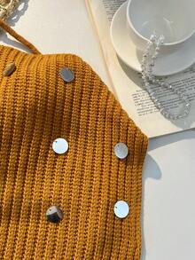 SHEIN SunnyBelle Women's Sexy Fashion Beach Halter Textured Knit Sweater Top, Summer - Camel - View 4