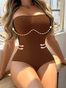 1pc Women's Seamless Shapewear Bodysuit, Slip-Resistant Bandeau Style, Waist & Abdomen Shaping - Coffee Brown - View 5