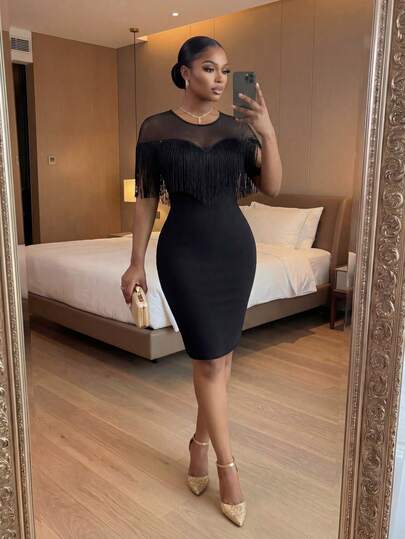 SHEIN Lady CURVE 大码女式纯色撞色网纱流苏设计修身优雅连衣裙