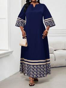 SHEIN Lady CURVE Vestido bata de talla grande con estampado de rayas clásico Huizi de manga suelta, cuello en V con muesca, para primavera, verano, otoño e invierno - Multicolor - Ver 3