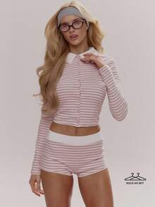 MUSERA Pink Stripe Autumn Cute Loungewear Picot Trim Collared Button Through Fitted Longsleeve Top With Mini Shorts Coord Sold As Set Girly Daily - Pink - View 1