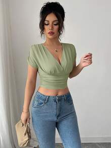 Elenzga Áo thun nữ cổ chữ V dáng suông, thắt eo - Màu xanh chanh - Xem 5