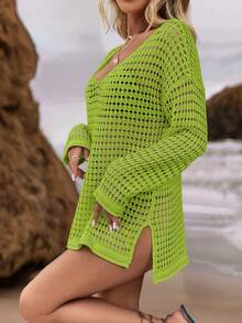 Swim Vcay Vestido de playa de punto holgado con diseño calado para mujer, ideal para vacaciones y tiempo libre en verano - Verde Lima - Ver 6