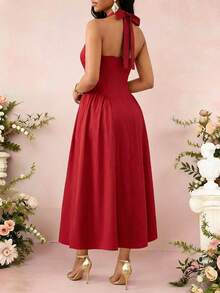 SHEIN Lady Vestito midi da donna con laccio al collo di colore rosso - Rosso - Visualizzare 2