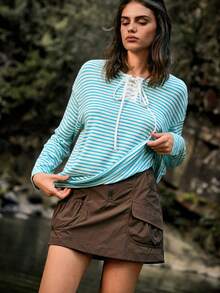 Medorelle Women's Striped Long Tie-Front Casual Crew Neck Top - Blue - View 4