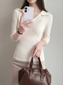 DAZY Niche Design Turndown Collar Fitted Mid-Sleeve Knit Sweater, Women's Fitted Knit Top - Beige - View 5