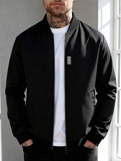 Manfinity Homme Herren Lässig Baseball Jacke mit Buchstaben-Stickerei und Reißverschluss-Kragen