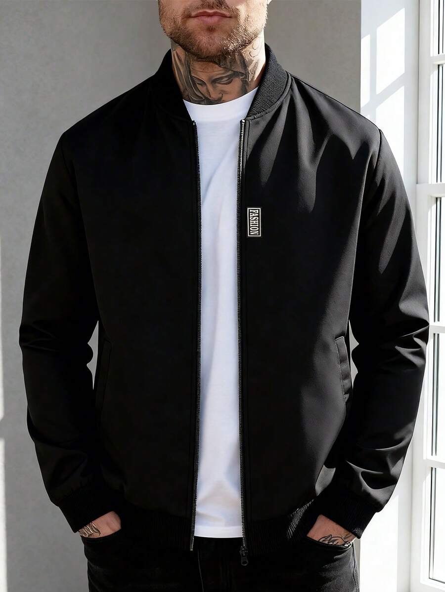 Manfinity Homme 男士字母刺绣拉链领休闲棒球夹克 - 黑色 - 查看 1