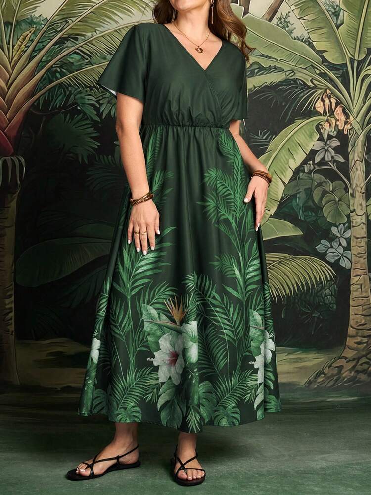 Plus Size Boho Tropical Print Wrap V Neck Short Sleeve Long Flared Dress For Women Vacation