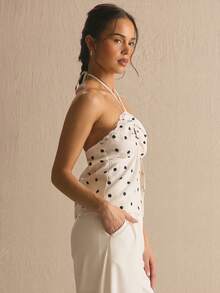 MUSERA Polka Dot Lace Trim Cut Out Halterneck Top Spring Summer Cosy Cute Daily Girly Vacation Sunlight Social - White - View 3