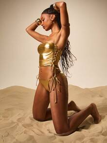 MISSGUIDED 金色金属蕾丝系带抹胸比基尼套装 高腰两件式泳衣 夏季海滩泳池度假 - 金色 - 查看 1