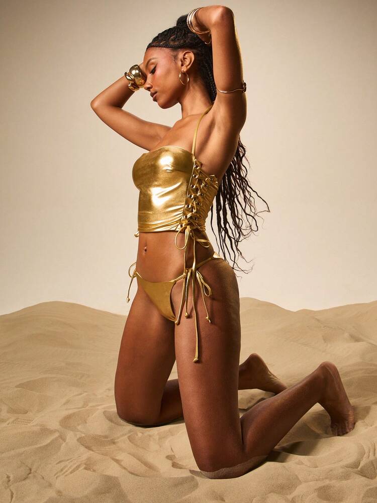 MISSGUIDED Metallic Gold Lace Up Bandeau Bikini Set High Waisted Two Piece Swimwear Summer Beach Pool Vacation