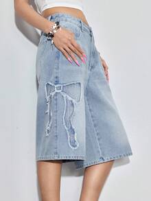 ROMWE Casual Frayed Hem Bow Denim Shorts, Light Blue - Blue - View 5